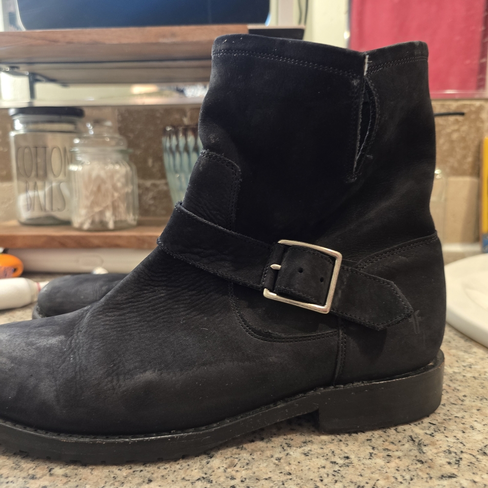 Frye Short Natalie Engineer Black Suede Ankle Boots with Buckle